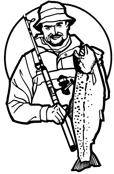 Man with pole and fish vinyl sticker. Customize on line. Fishing 038-0097
